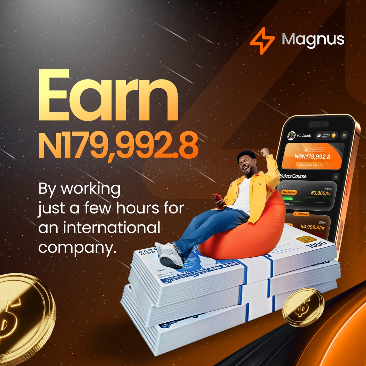 Man sitting on a beanbag on a stack of money, using a smartphone.