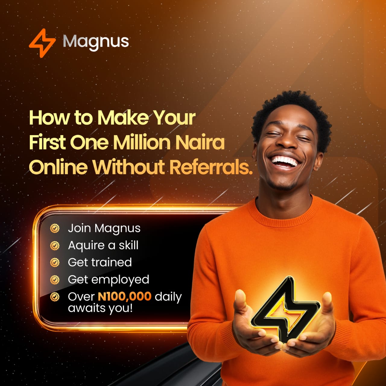A joyful man holding a phone with the Magnus app logo