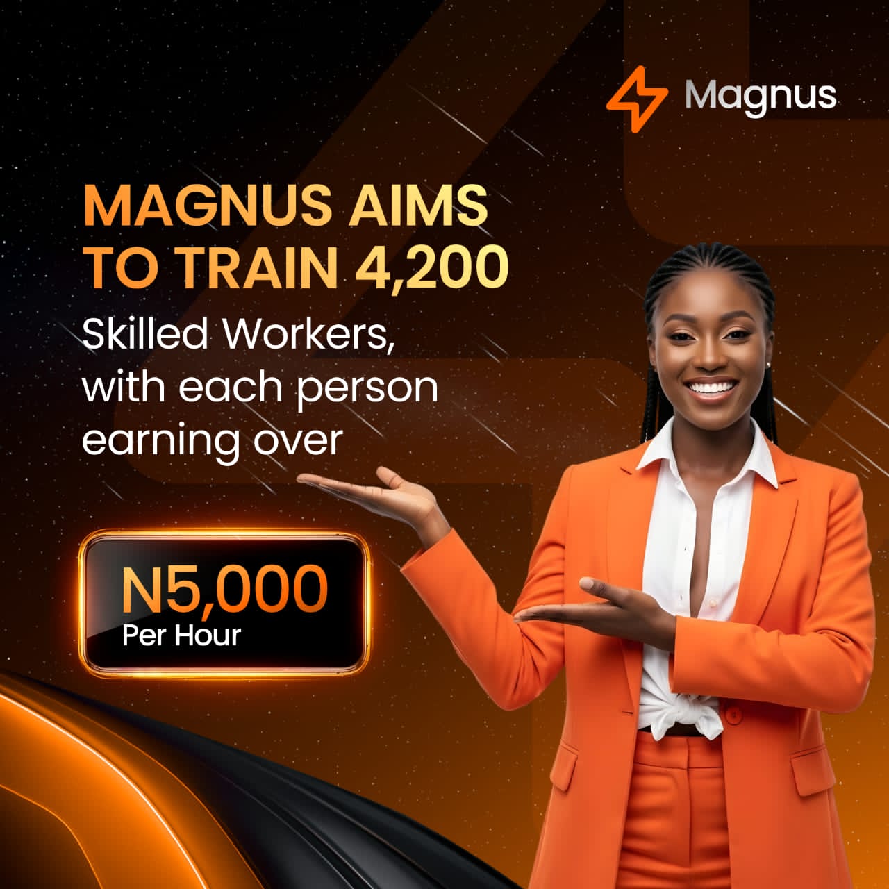 A joyful man holding a phone with the Magnus app logo